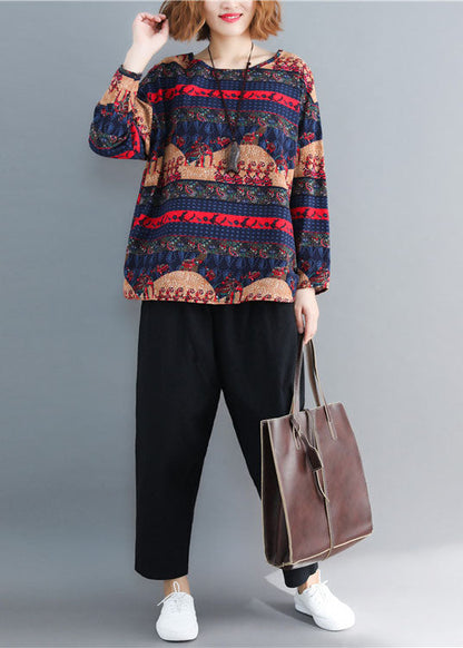 Navy Print Cotton Loose Tops O-neck Long Sleeve