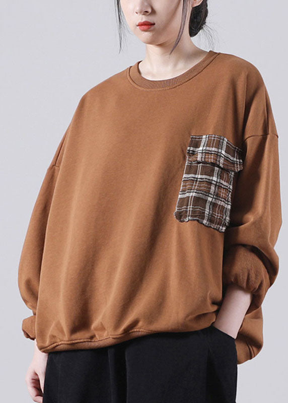 Chocolate Loose O-neck Pockets Fall Sweatshirts