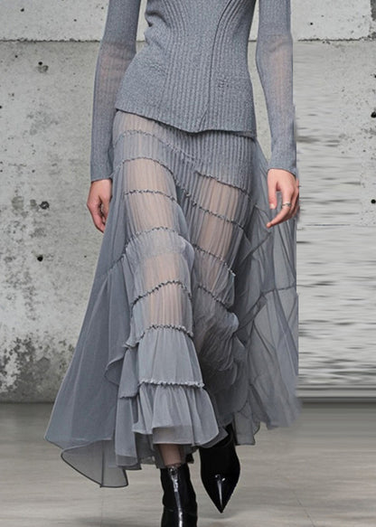 Grey High Neck Patchwork Exra Large Hem Knit Long Dress Fall