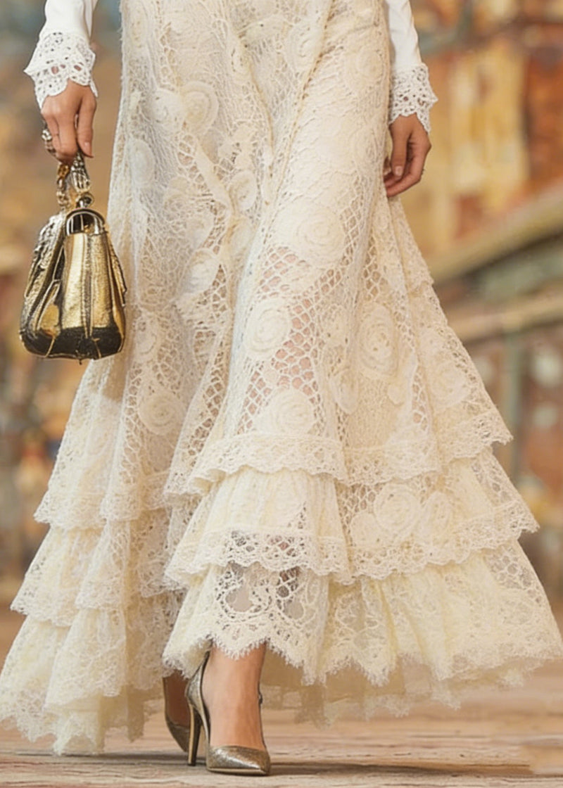 Beige Elastic Waist Lace Maxi Skirt Spring