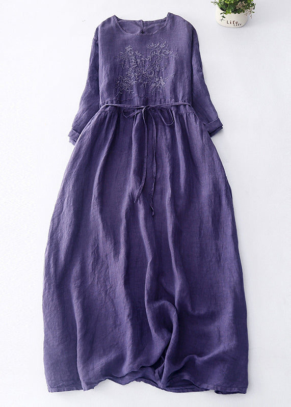 Dark Purple Embroidered Tie Waist Linen Maxi Dress Spring