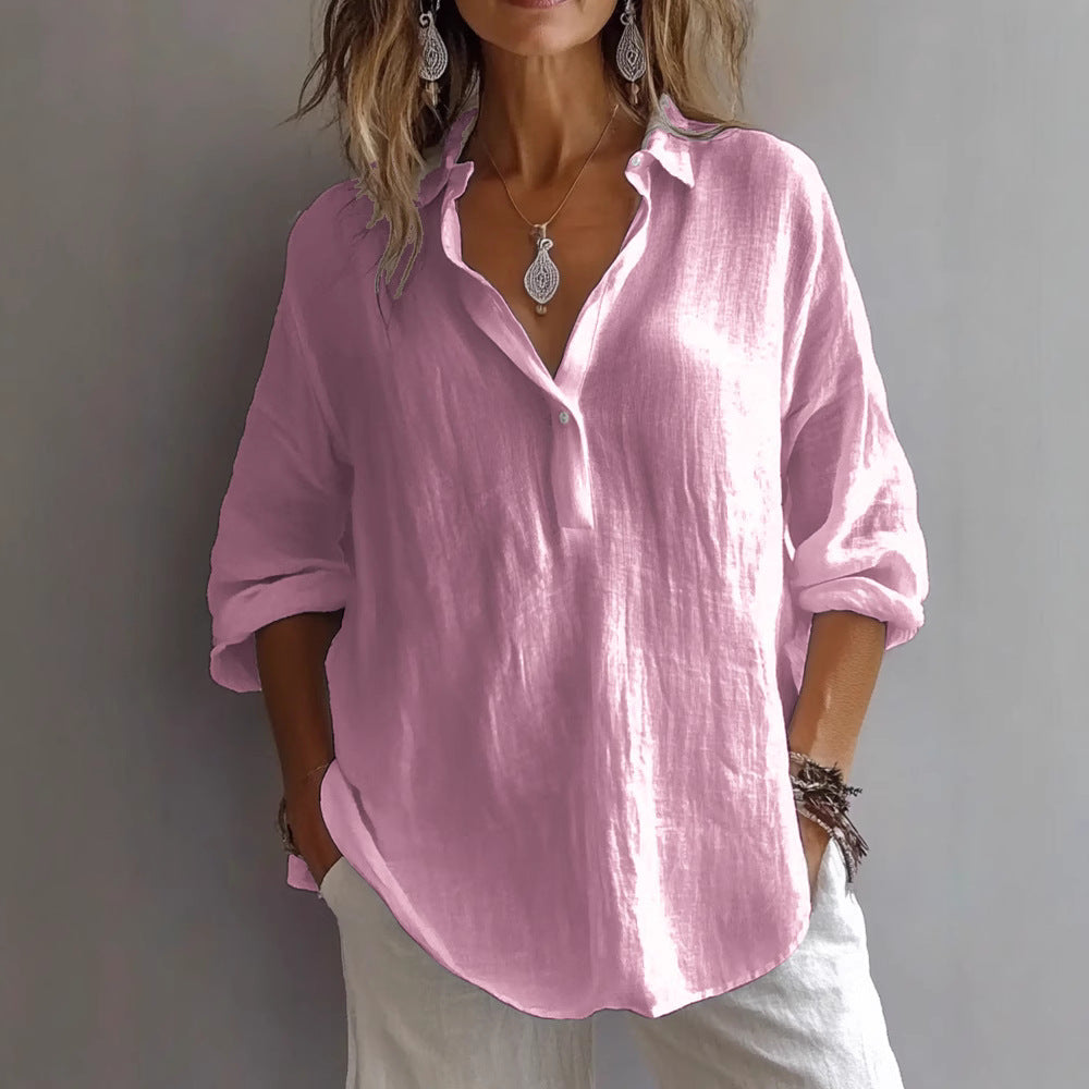 Comstylish Women's Retro V Neck Cotton Linen Comfy Shirt
