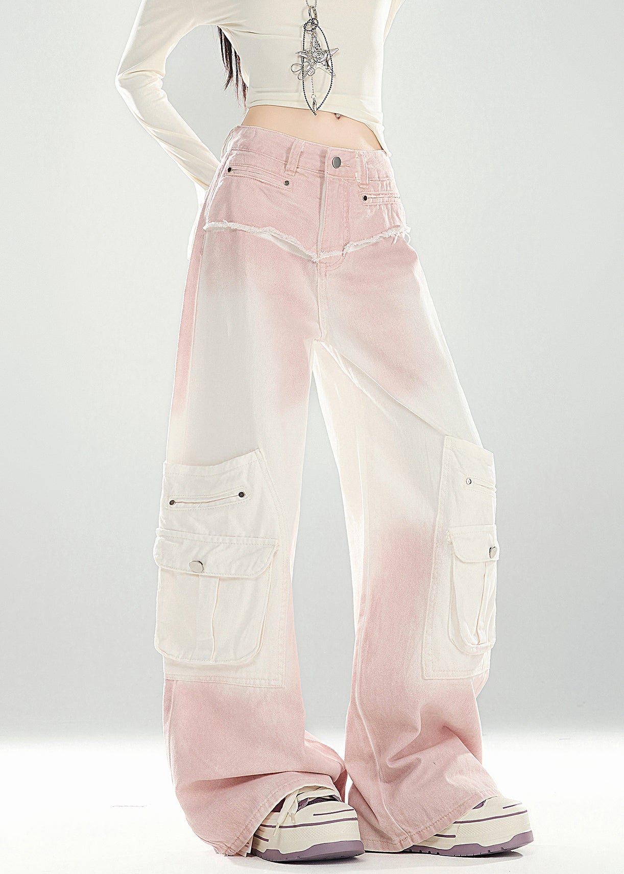 Pink Gradient Color Pockets High Waist Denim Pants Spring
