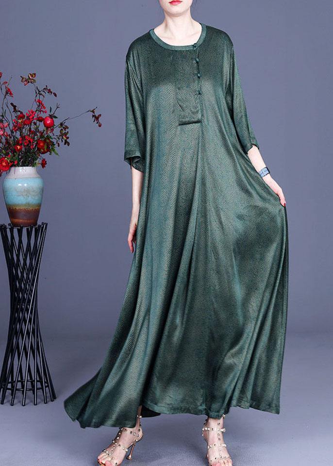 Natural Green Asymmetrical Button Summer Silk Summer Dresses