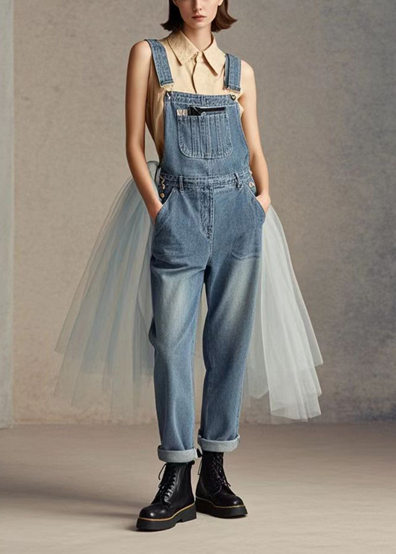 Blue Tulle Patchwork Denim Jumpsuit Spring