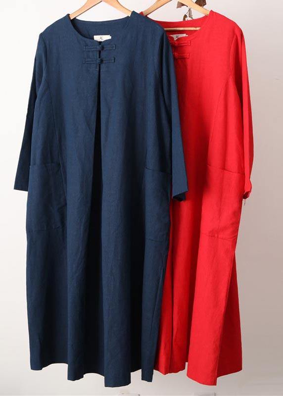 Unique Red Tunics O Neck Pockets Robe Spring Dresses