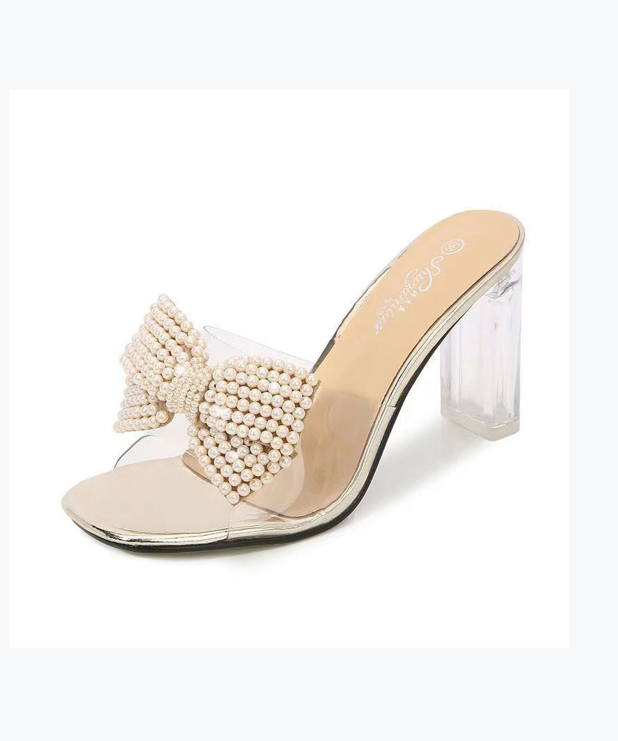 New Pink Chunky Heel Flower Open Toe Slide Sandals