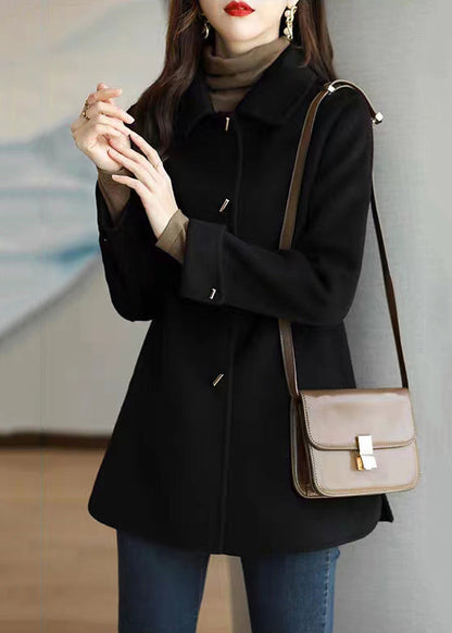 Black Peter Pan Collar Button Down Woolen Coat Fall