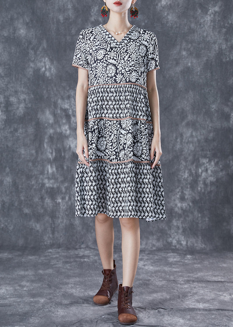Modern Black V Neck Patchwork Print Cotton a Line Dress Summer