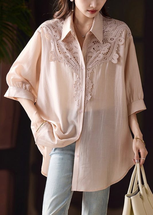 Pink Hollow Out Lace Patchwork Cotton Blouse Fall