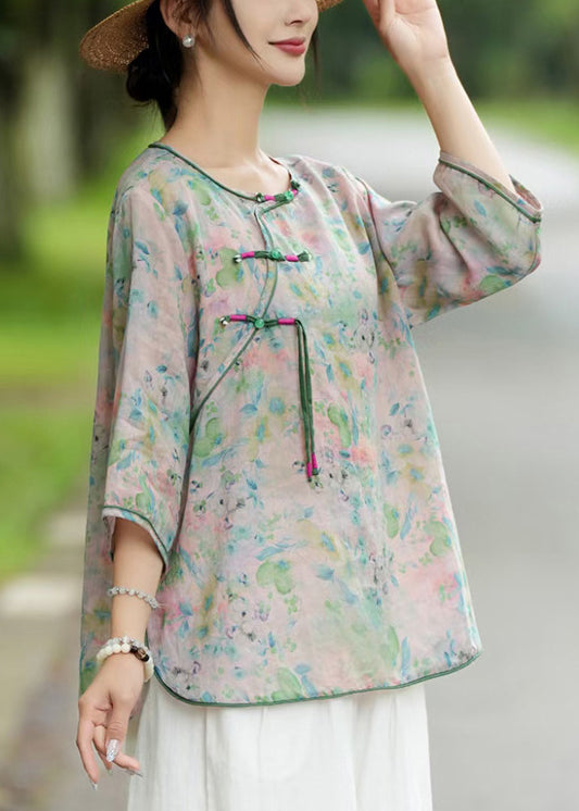 Khaki Button Print Linen Blouse Bracelet Sleeve