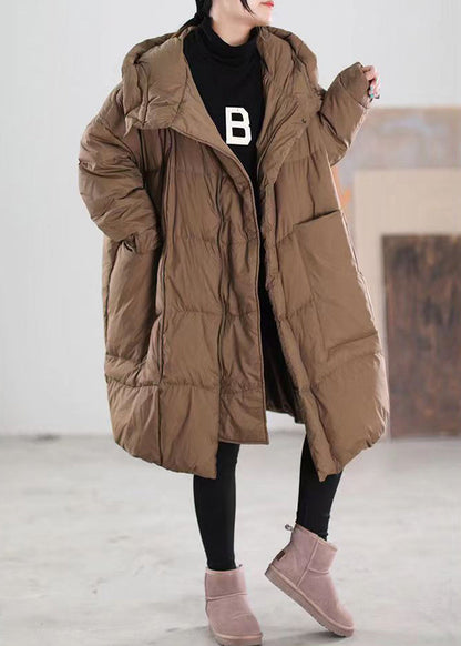 Coffee Hooded Zippered Pockets Duck Down Coat Long Sleeve