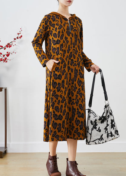 Brown Hooded Leopard Print Cotton Dresses Spring