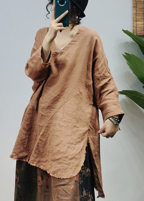 Orange V Neck Side Open Patchwork Linen Tops Spring