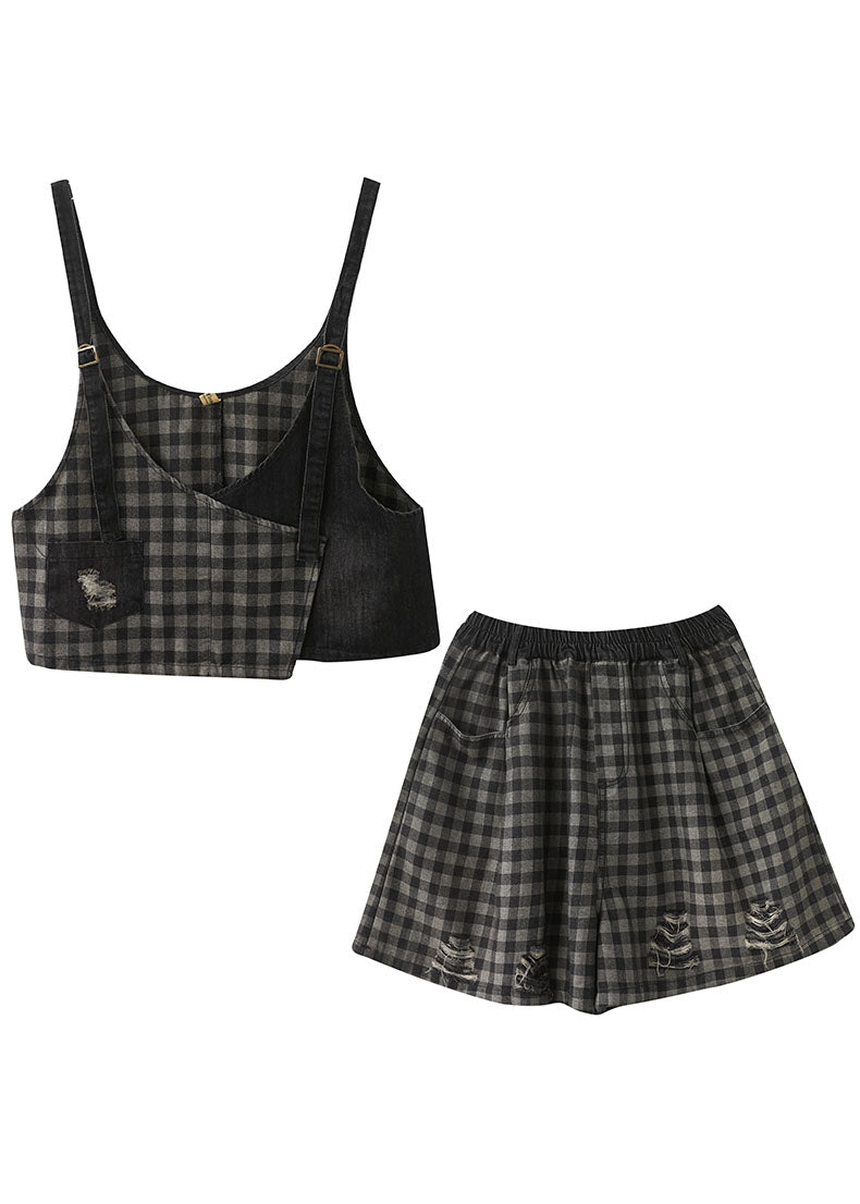Black Plaid Patchwork Fall Two Piece Set Clothing