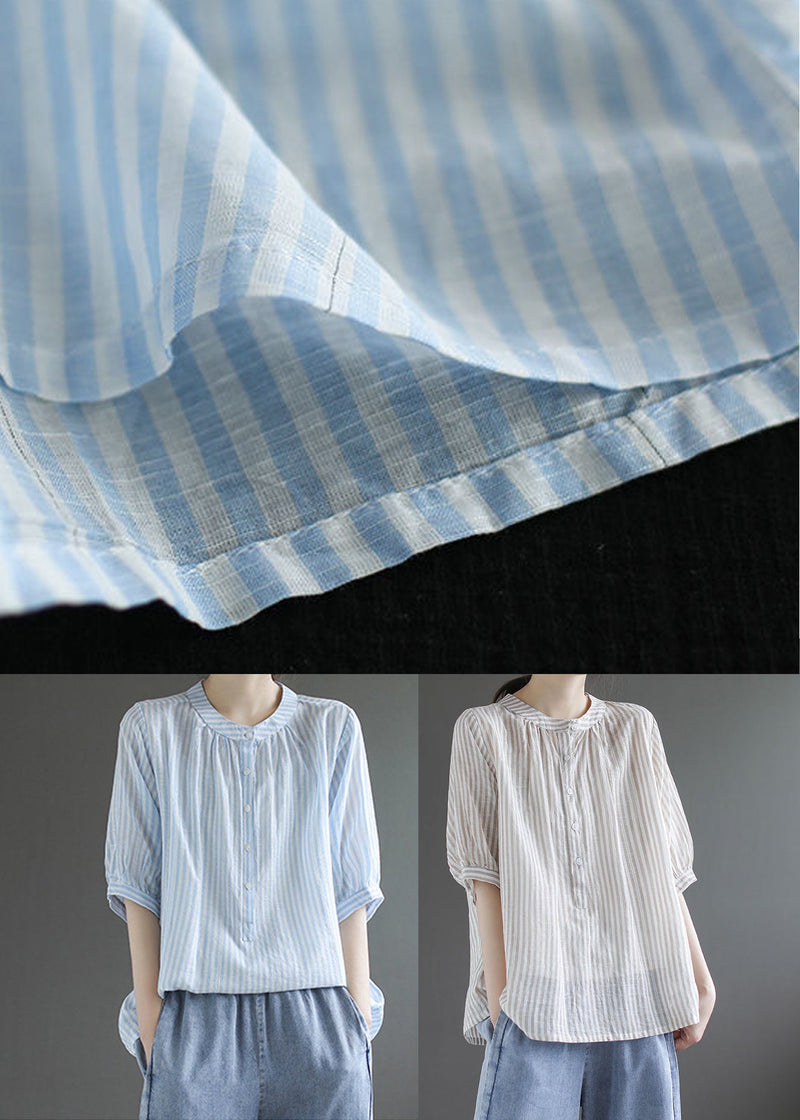 Blue Striped Cotton Shirt Top O-neck Oversized Half Sleeve