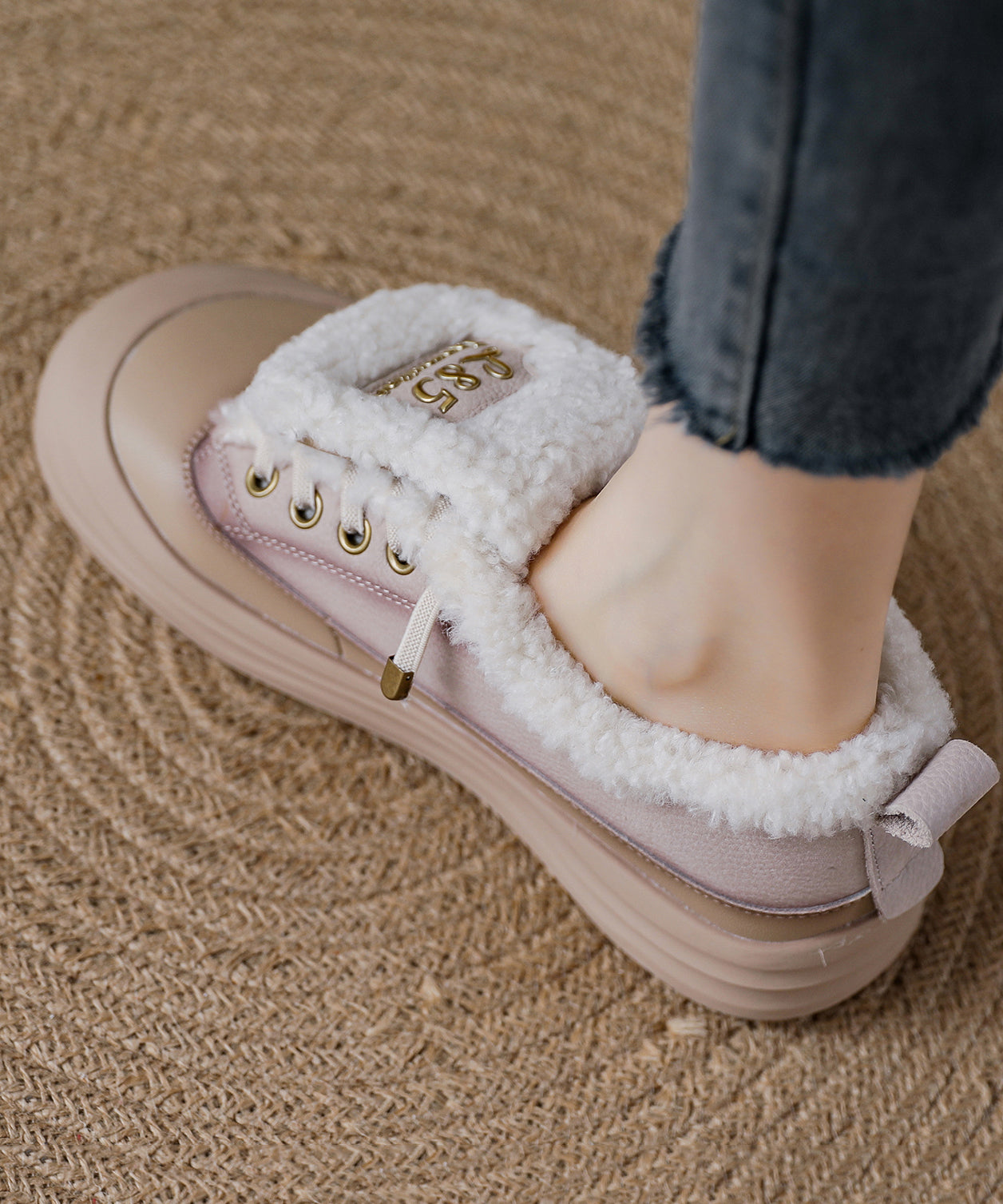 Red Fuzzy Wool Lined Splicing Platform Flat Shoes