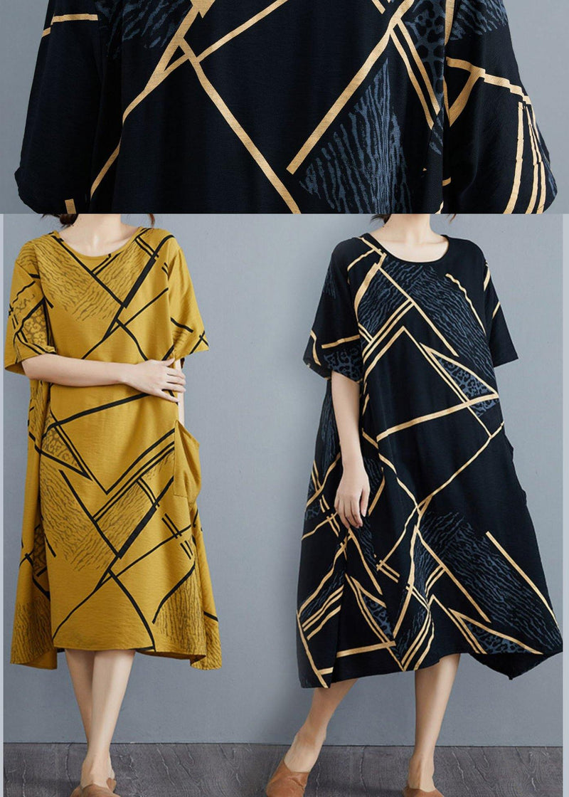 French Black Print Half Sleeve Maxi Summer Cotton Linen Dress