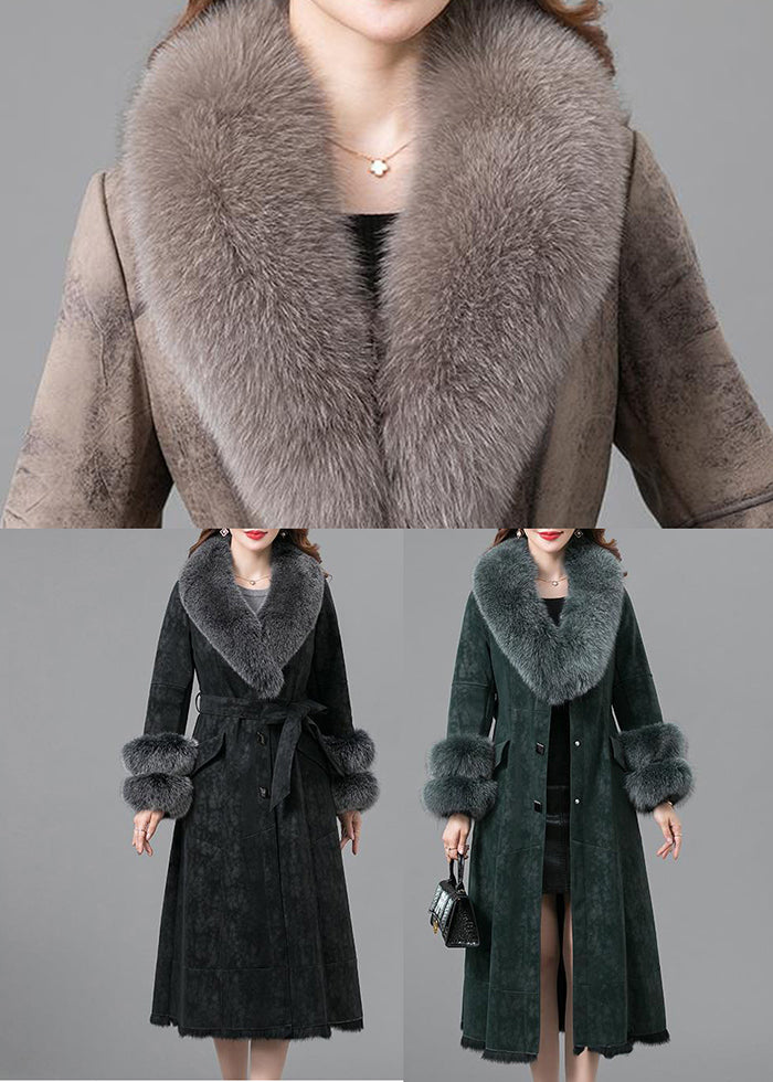 Blackish Green Slim Fit Faux Rabbit Leather and Fur Coats Winter