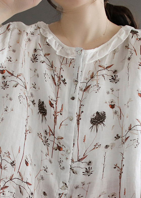 White O-neck Button Linen Shirt Half Sleeve