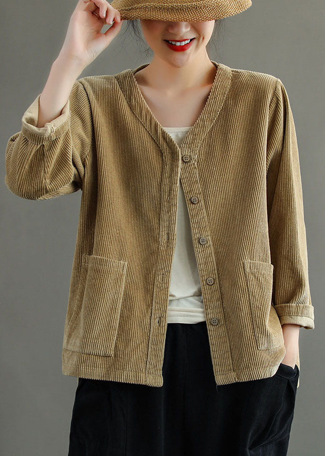 Khaki V Neck Pockets Button Corduroy Coats Long Sleeve
