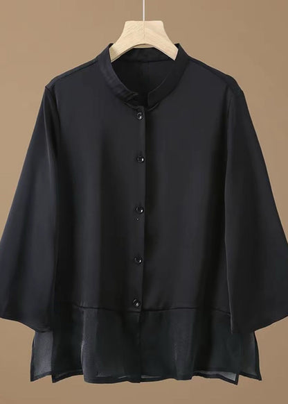 Simple Black Stand Collar Button Patchwork Silk Tops Fall