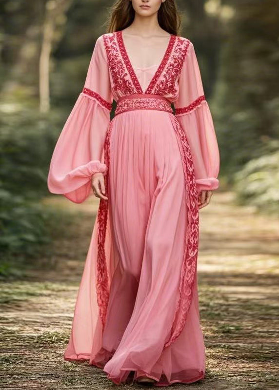 New Pink V Neck Patchwork Chiffon Long Dresses Lantern Sleeve Spring