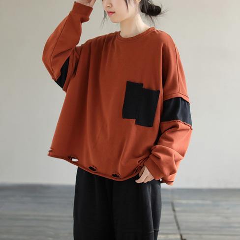 Classy Orange Cotton Tunic Top Patchwork Loose Sweatshirt