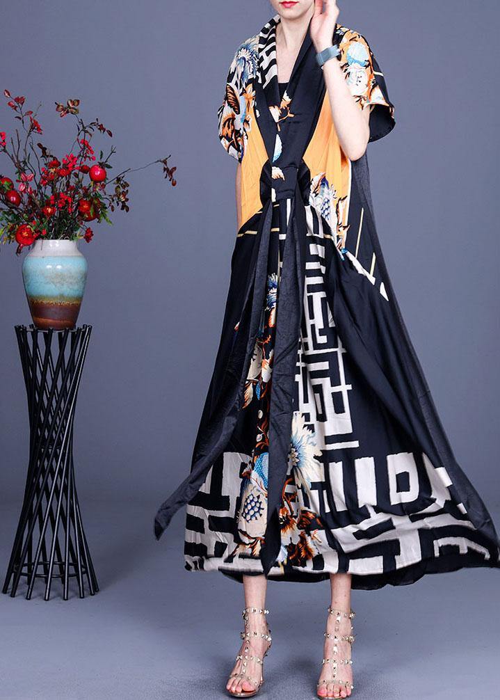 Comfy Black Print Patchwork Silk Robe Dresses Summer