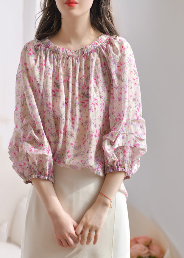French Purple Ruffled Print Silk Blouses Bracelet Sleeve Summer