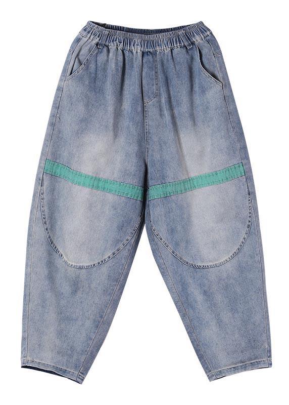 Blue Elastic Waist Harem Summer Cotton Pants