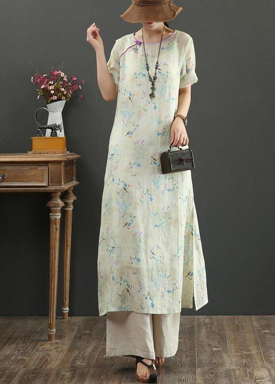 Boutique Khaki Print Side Open Vacation Summer Linen Dress