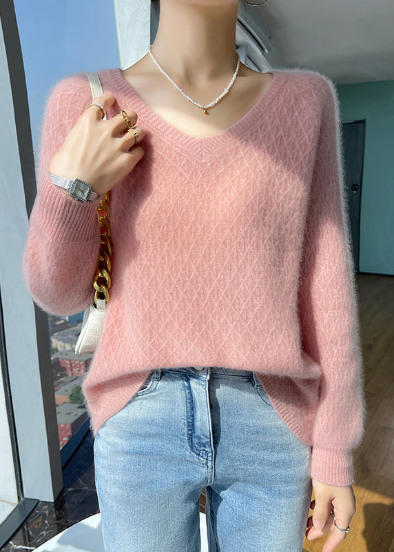 Versatile Pink V Neck Knit Sweaters Top Winter