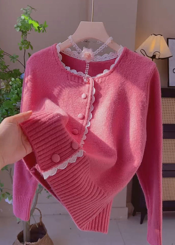 New Rose Lace Patchwork Knit Cardigans Winter