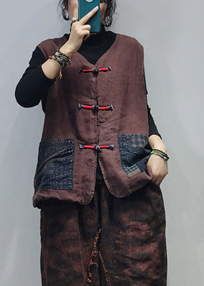 Chocolate Linen Vest Tops Patchwork Pockets Spring