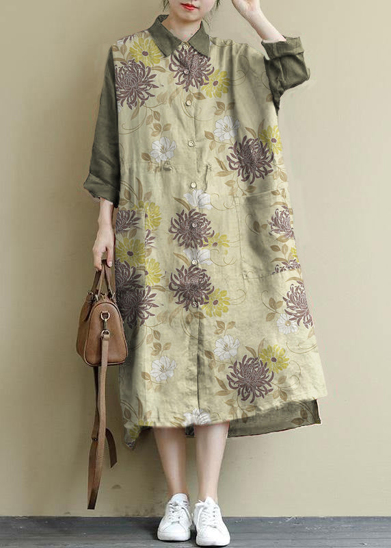 Red Flower Linen Shirt Dress Oversize Spring Maxi Dresses