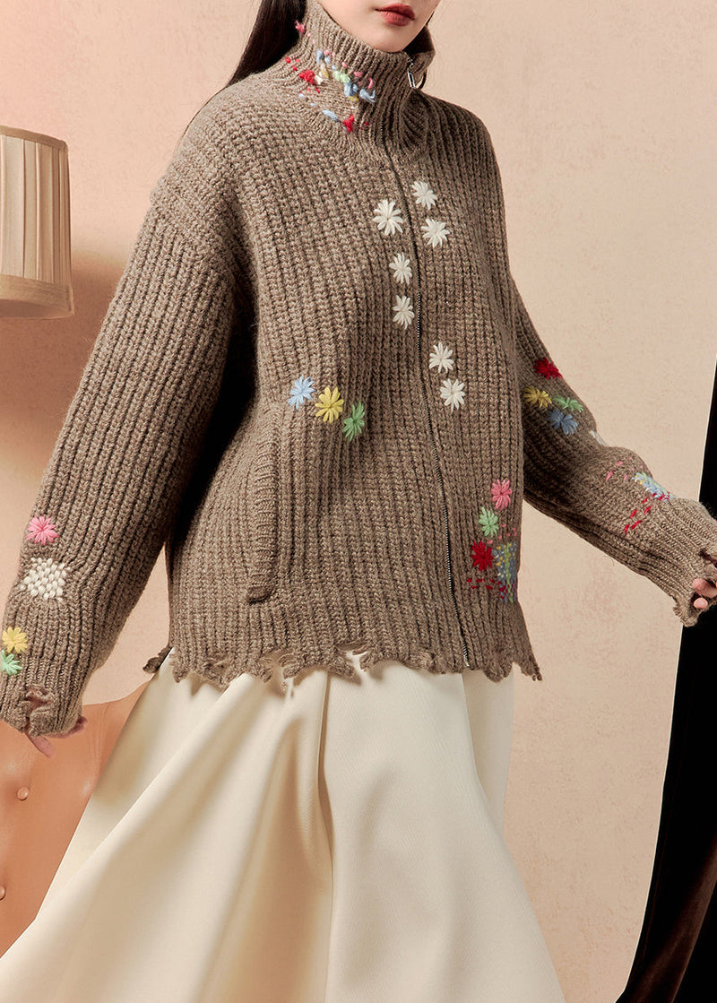 Coffee Zip Up Hole Pockets Cotton Knit Coats Winter