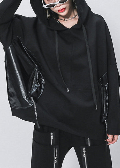 Black Pockets Patchwork Drawstring Pullover Batwing Sleeve