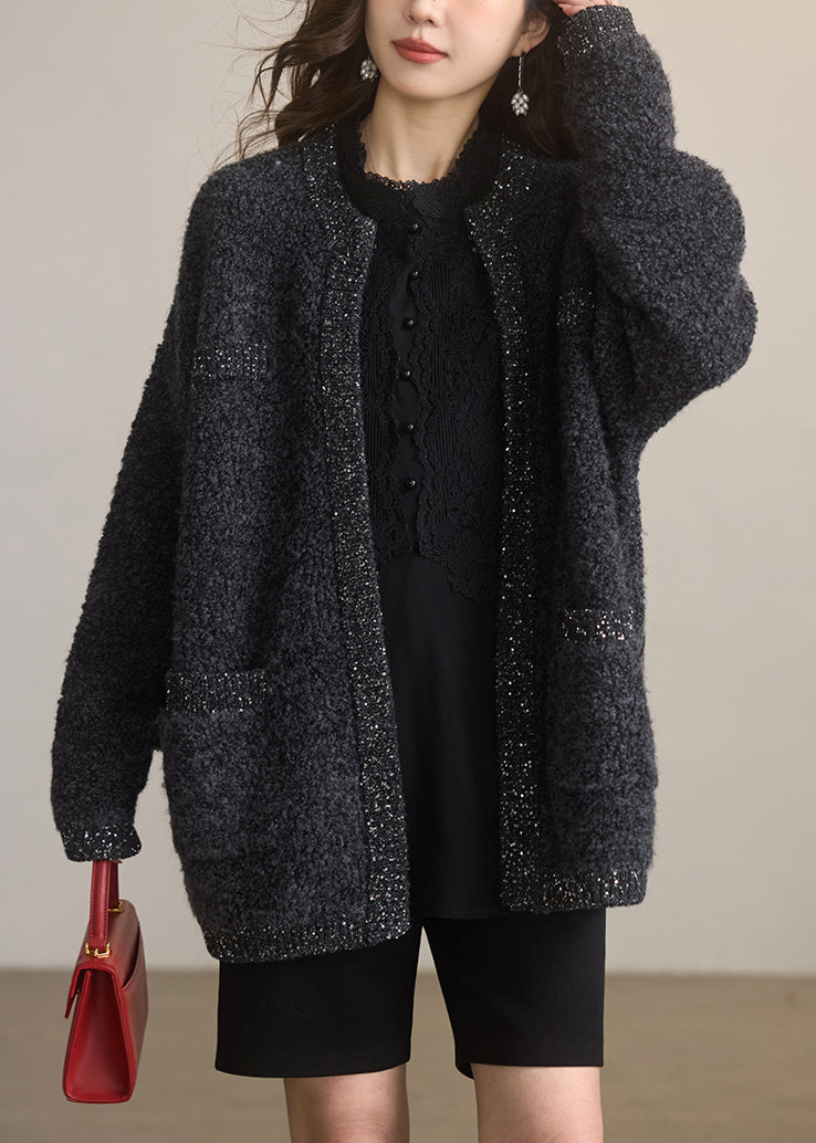 Dark Grey O Neck Sequins Woolen Cardigans Winter