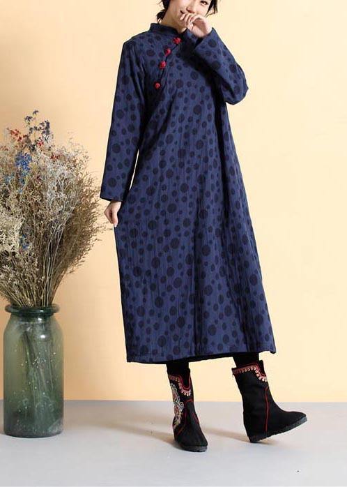 Diy Stand Collar Spring Quilting Dresses Work Outfits Navy Dotted Dress