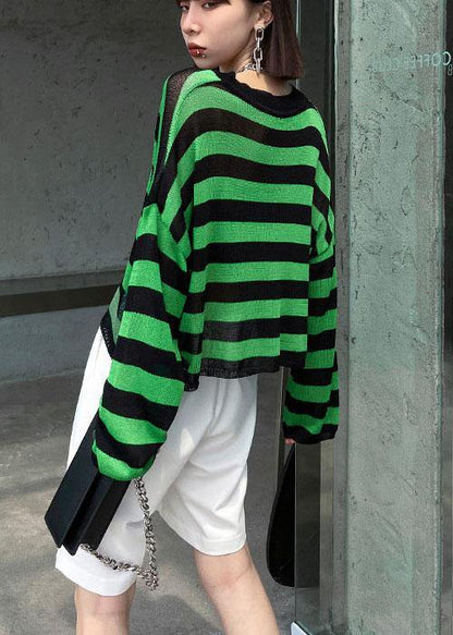 Green Striped V Neckknit Fabric Shirt Summer