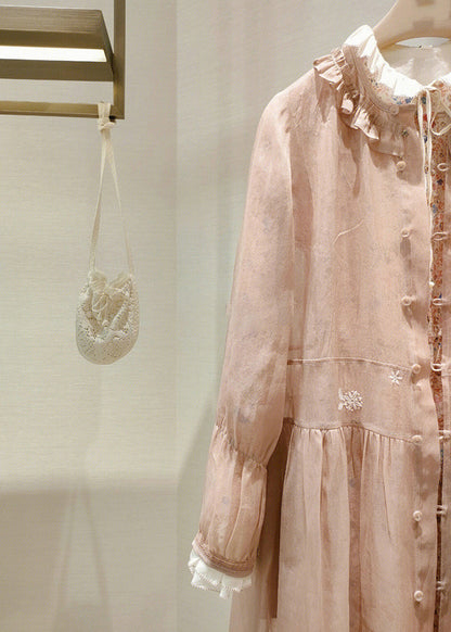 Pink Ruffled Button Print Cotton Two Pieces Set Dress Spring
