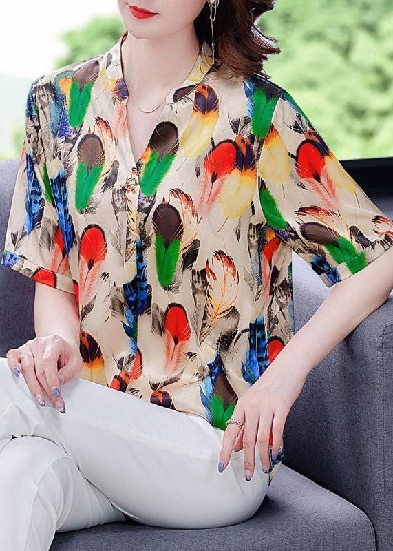 Khaki V Neck Print Silk Shirt Tops Short Sleeve