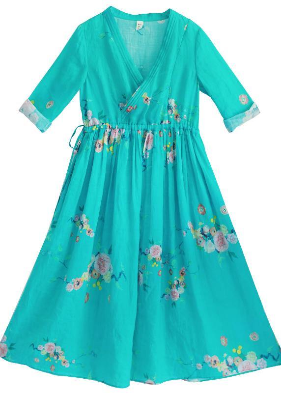 Green Print Robes Patchwork Drawstring Robe Spring Dress