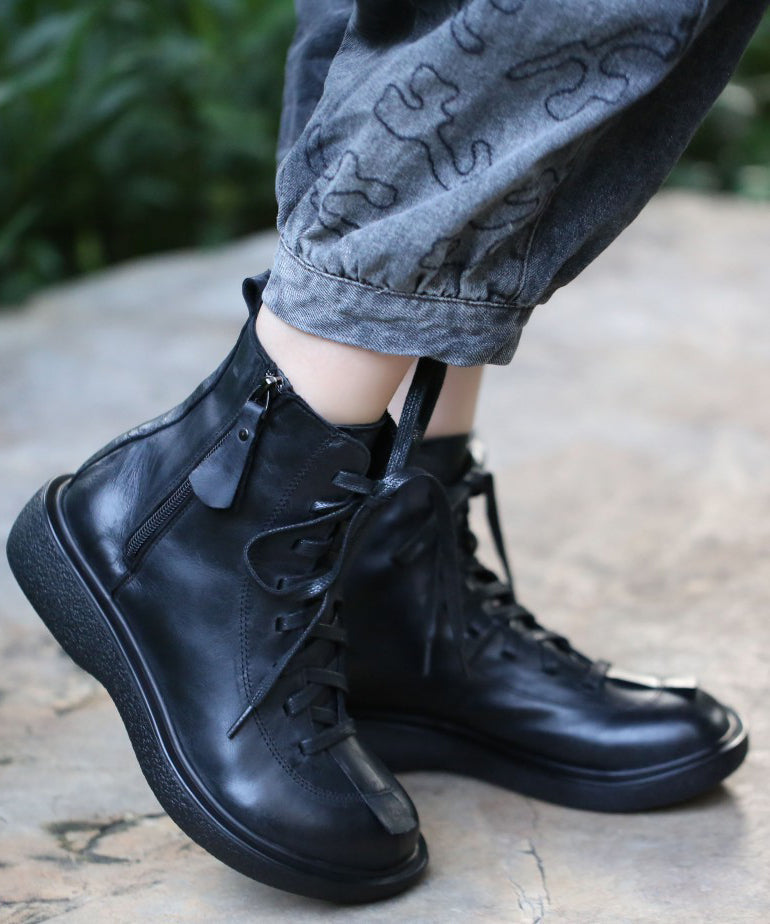 Black Cowhide Leather Lace Up Splicing Boots