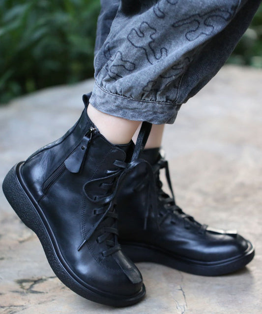 Black Cowhide Leather Lace Up Splicing Boots