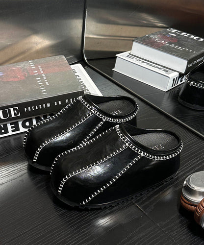 Comfy Splicing Platform Black Cowhide Leather Slide Sandals