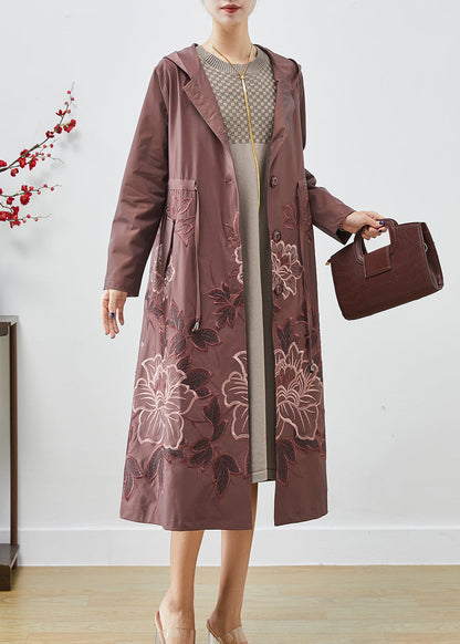 Pale Mauve Spandex Trench Coat Embroideried Tie Waist Fall