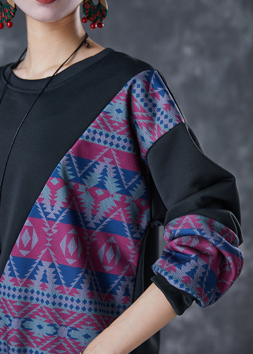 Stylish Black Oversized Patchwork Cotton Sweatshirt Fall