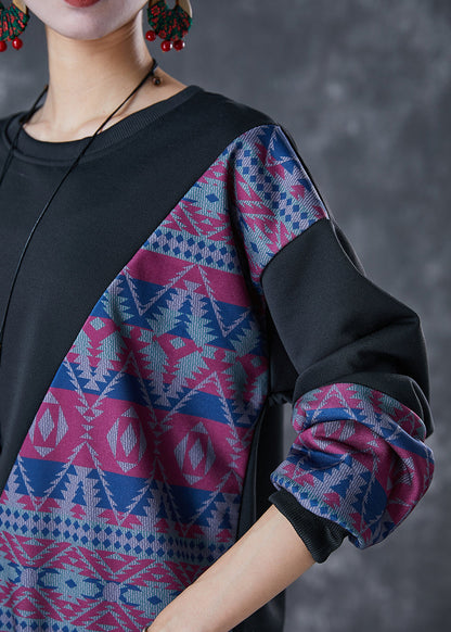 Stylish Black Oversized Patchwork Cotton Sweatshirt Fall